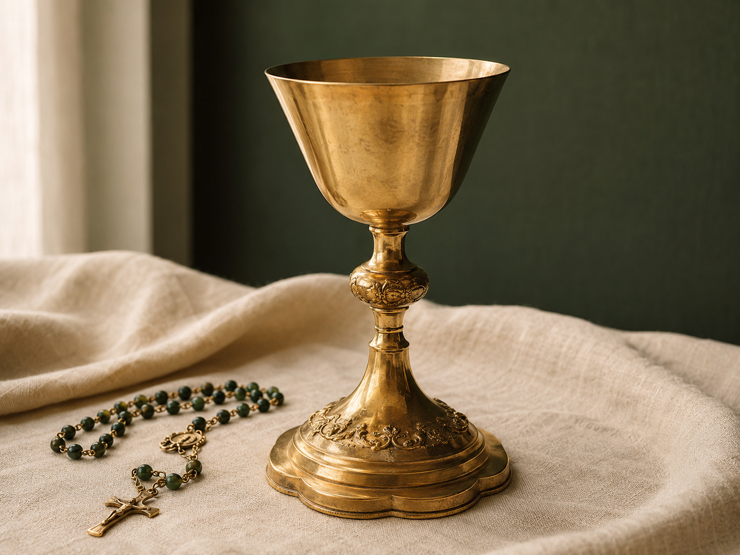 Złoty kielich liturgiczny i różaniec